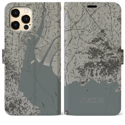 【西尾2（愛知県）】地図柄iPhoneケース（手帳タイプ）モノトーン・iPhone 12 Pro Max 用