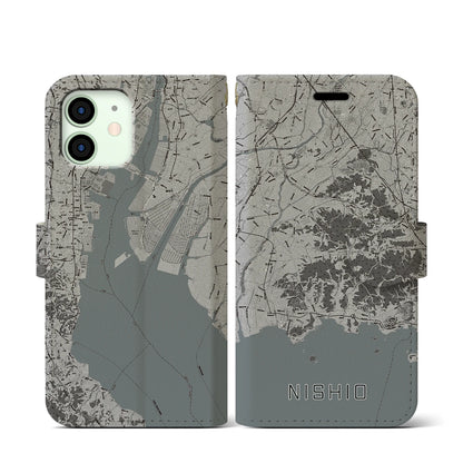 【西尾2（愛知県）】地図柄iPhoneケース（手帳タイプ）モノトーン・iPhone 12 mini 用