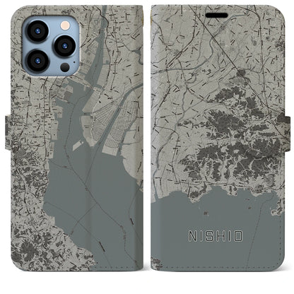 【西尾2（愛知県）】地図柄iPhoneケース（手帳タイプ）モノトーン・iPhone 13 Pro Max 用