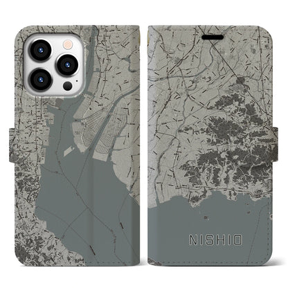 【西尾2（愛知県）】地図柄iPhoneケース（手帳タイプ）モノトーン・iPhone 13 Pro 用