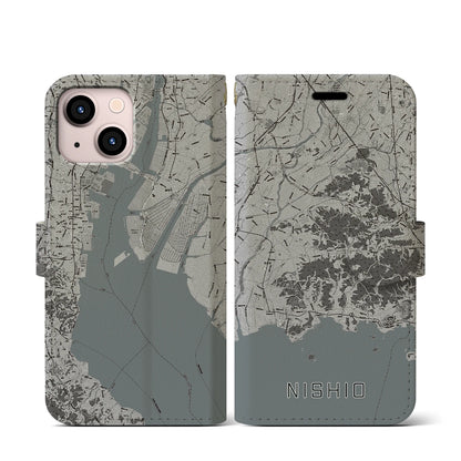 【西尾2（愛知県）】地図柄iPhoneケース（手帳タイプ）モノトーン・iPhone 13 mini 用