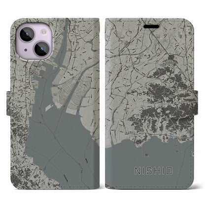 【西尾2（愛知県）】地図柄iPhoneケース（手帳タイプ）モノトーン・iPhone 14 用