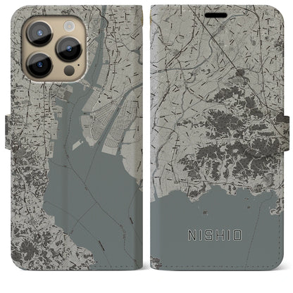 【西尾2（愛知県）】地図柄iPhoneケース（手帳タイプ）モノトーン・iPhone 14 Pro Max 用