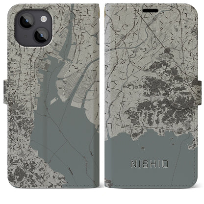 【西尾2（愛知県）】地図柄iPhoneケース（手帳タイプ）モノトーン・iPhone 14 Plus 用