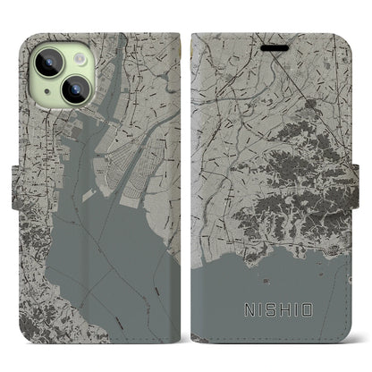 【西尾2（愛知県）】地図柄iPhoneケース（手帳タイプ）モノトーン・iPhone 15 用