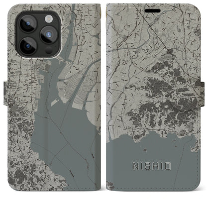 【西尾2（愛知県）】地図柄iPhoneケース（手帳タイプ）モノトーン・iPhone 15 Pro Max 用