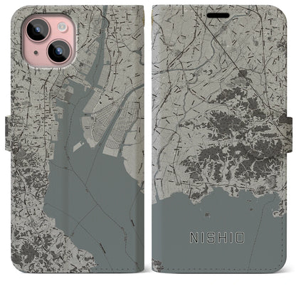 【西尾2（愛知県）】地図柄iPhoneケース（手帳タイプ）モノトーン・iPhone 15 Plus 用