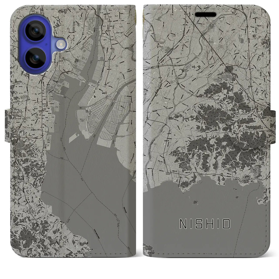 【西尾2(愛知県)】地図柄iPhoneケース(手帳タイプ)モノトーン・iPhone 16 Pro Max 用