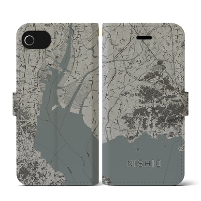 【西尾2（愛知県）】地図柄iPhoneケース（手帳タイプ）モノトーン・iPhone SE（第3 / 第2世代） / 8 / 7 / 6s / 6 用