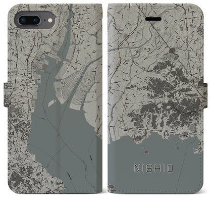 【西尾2（愛知県）】地図柄iPhoneケース（手帳タイプ）モノトーン・iPhone 8Plus /7Plus / 6sPlus / 6Plus 用
