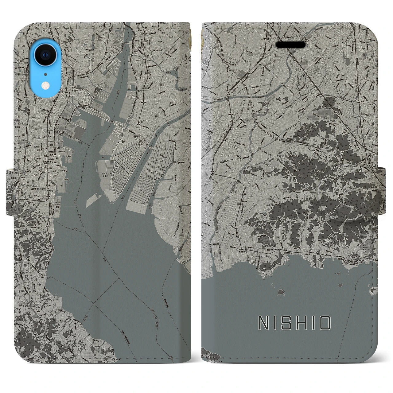 【西尾2】地図柄iPhoneケース（手帳両面タイプ・モノトーン）iPhone XR 用