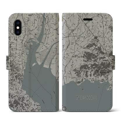 【西尾2（愛知県）】地図柄iPhoneケース（手帳タイプ）モノトーン・iPhone XS / X 用