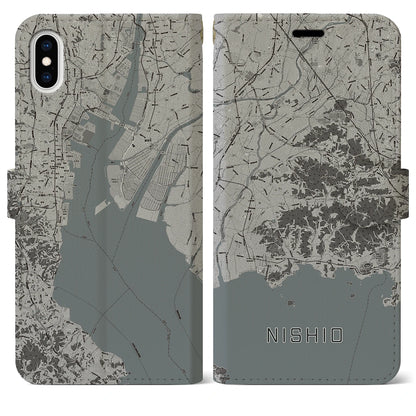 【西尾2（愛知県）】地図柄iPhoneケース（手帳タイプ）モノトーン・iPhone XS Max 用