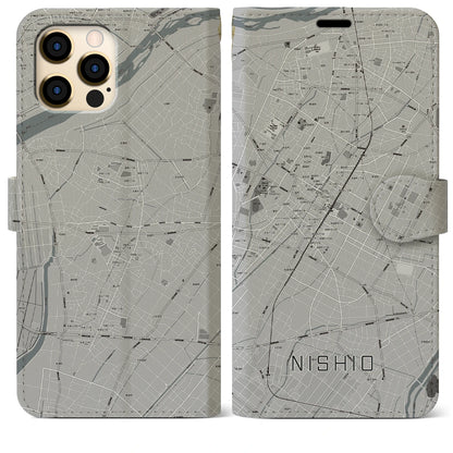 【西尾（愛知県）】地図柄iPhoneケース（手帳タイプ）モノトーン・iPhone 12 Pro Max 用