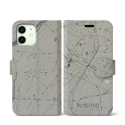 【西尾（愛知県）】地図柄iPhoneケース（手帳タイプ）モノトーン・iPhone 12 mini 用