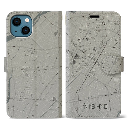 【西尾（愛知県）】地図柄iPhoneケース（手帳タイプ）モノトーン・iPhone 13 用