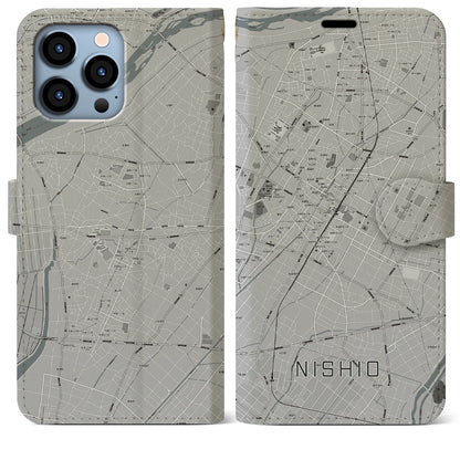 【西尾（愛知県）】地図柄iPhoneケース（手帳タイプ）モノトーン・iPhone 13 Pro Max 用