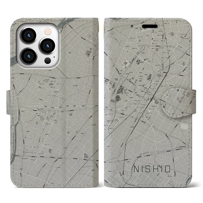 【西尾（愛知県）】地図柄iPhoneケース（手帳タイプ）モノトーン・iPhone 13 Pro 用
