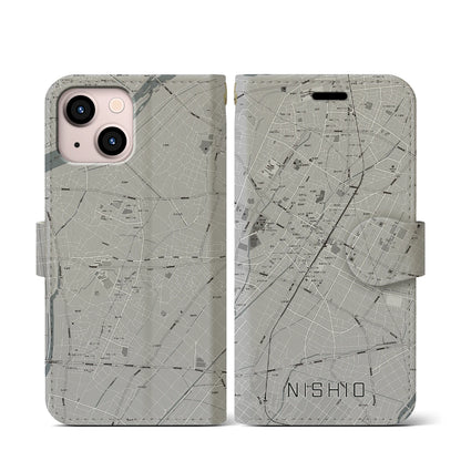 【西尾（愛知県）】地図柄iPhoneケース（手帳タイプ）モノトーン・iPhone 13 mini 用