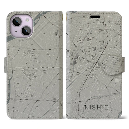【西尾（愛知県）】地図柄iPhoneケース（手帳タイプ）モノトーン・iPhone 14 用