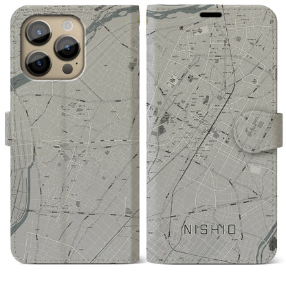 【西尾（愛知県）】地図柄iPhoneケース（手帳タイプ）モノトーン・iPhone 14 Pro Max 用