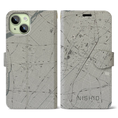 【西尾（愛知県）】地図柄iPhoneケース（手帳タイプ）モノトーン・iPhone 15 用