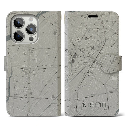 【西尾（愛知県）】地図柄iPhoneケース（手帳タイプ）モノトーン・iPhone 15 Pro 用