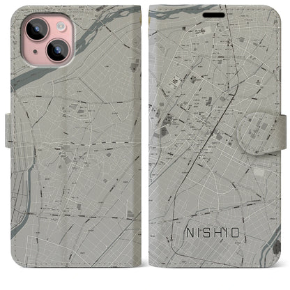 【西尾（愛知県）】地図柄iPhoneケース（手帳タイプ）モノトーン・iPhone 15 Plus 用