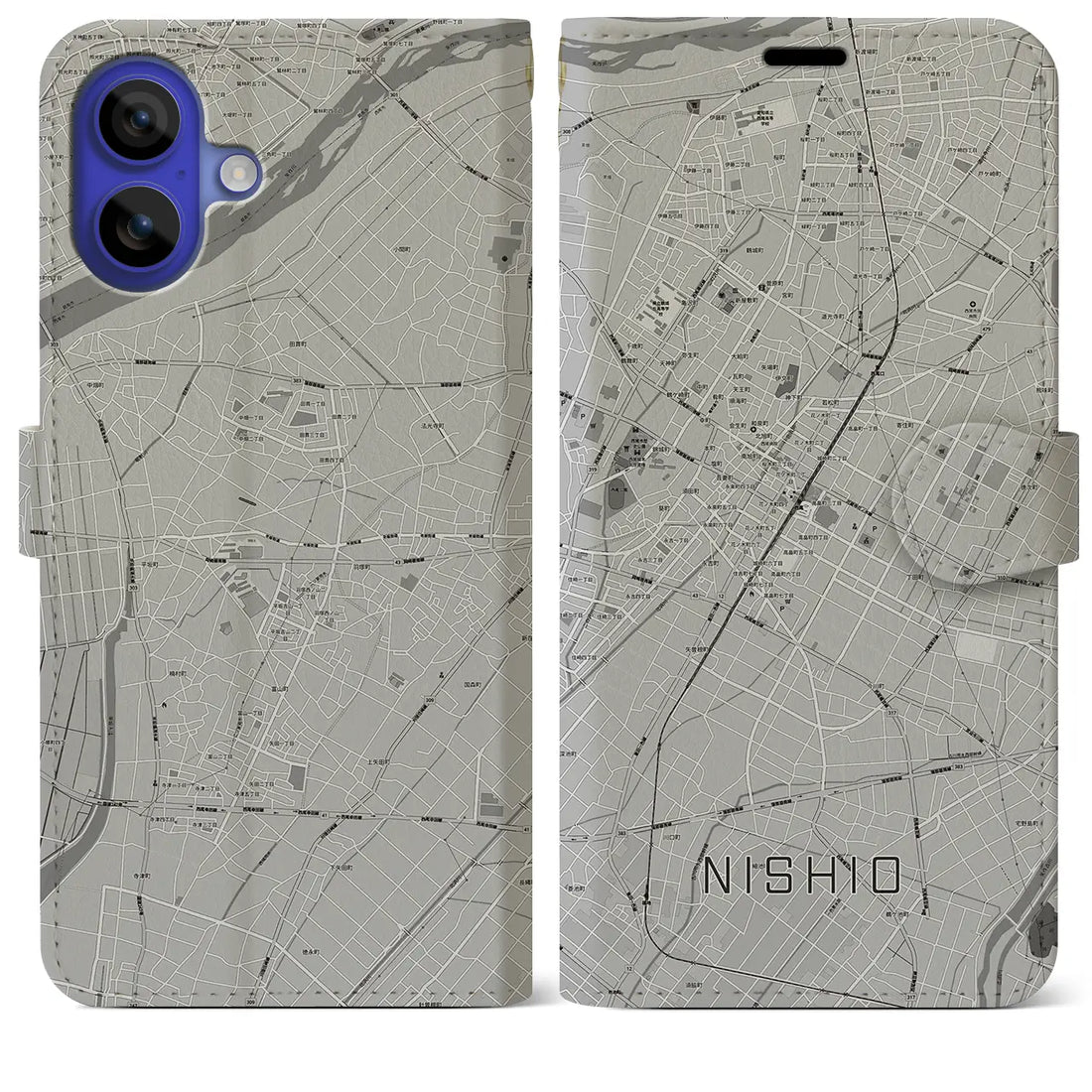 【西尾(愛知県)】地図柄iPhoneケース(手帳タイプ)モノトーン・iPhone 16 Pro Max 用