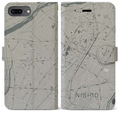 【西尾（愛知県）】地図柄iPhoneケース（手帳タイプ）モノトーン・iPhone 8Plus /7Plus / 6sPlus / 6Plus 用