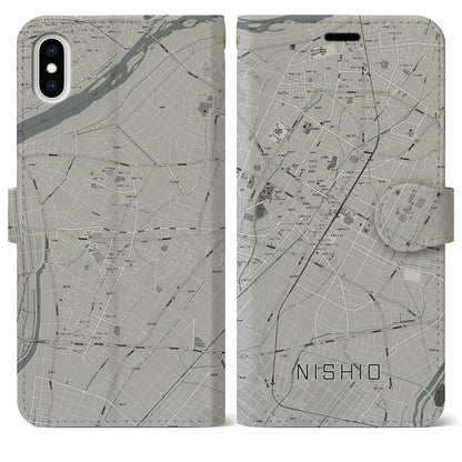 【西尾（愛知県）】地図柄iPhoneケース（手帳タイプ）モノトーン・iPhone XS Max 用