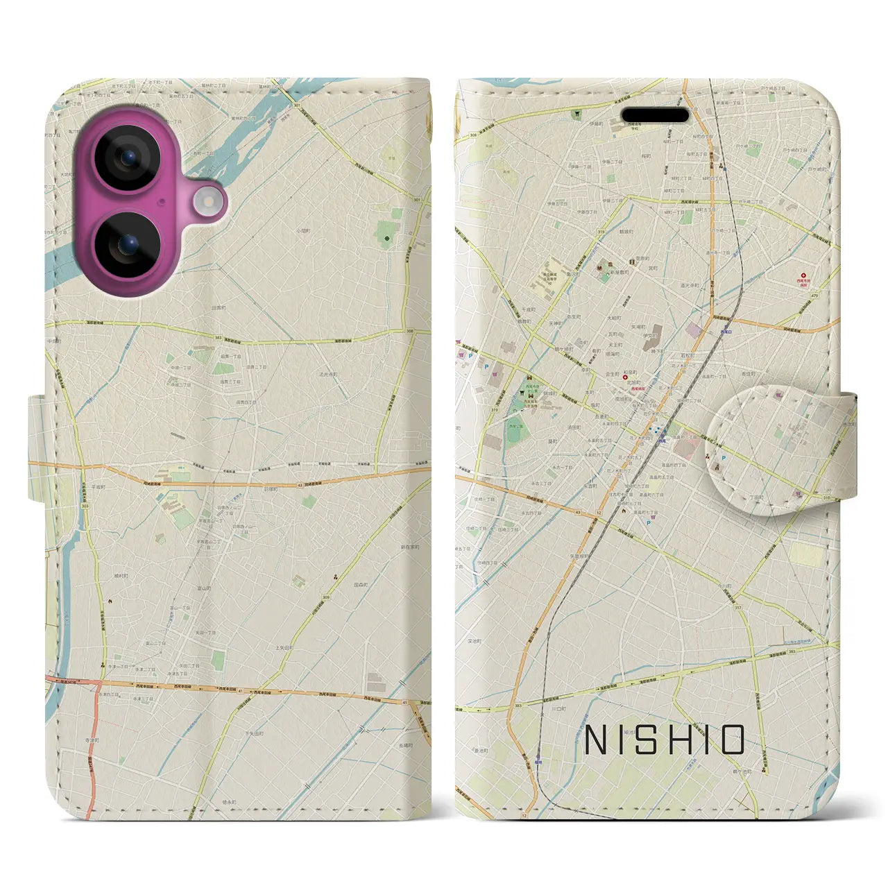 【西尾（愛知県）】地図柄iPhoneケース（手帳タイプ）ナチュラル・iPhone 16 Pro 用