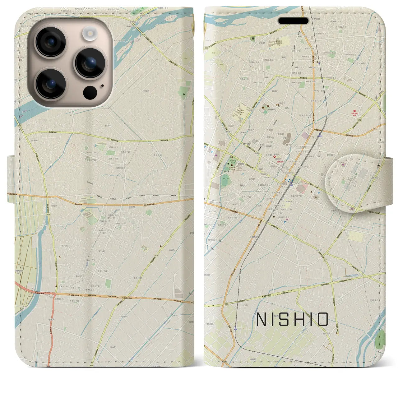 【西尾（愛知県）】地図柄iPhoneケース（手帳タイプ）ナチュラル・iPhone 16 Plus 用