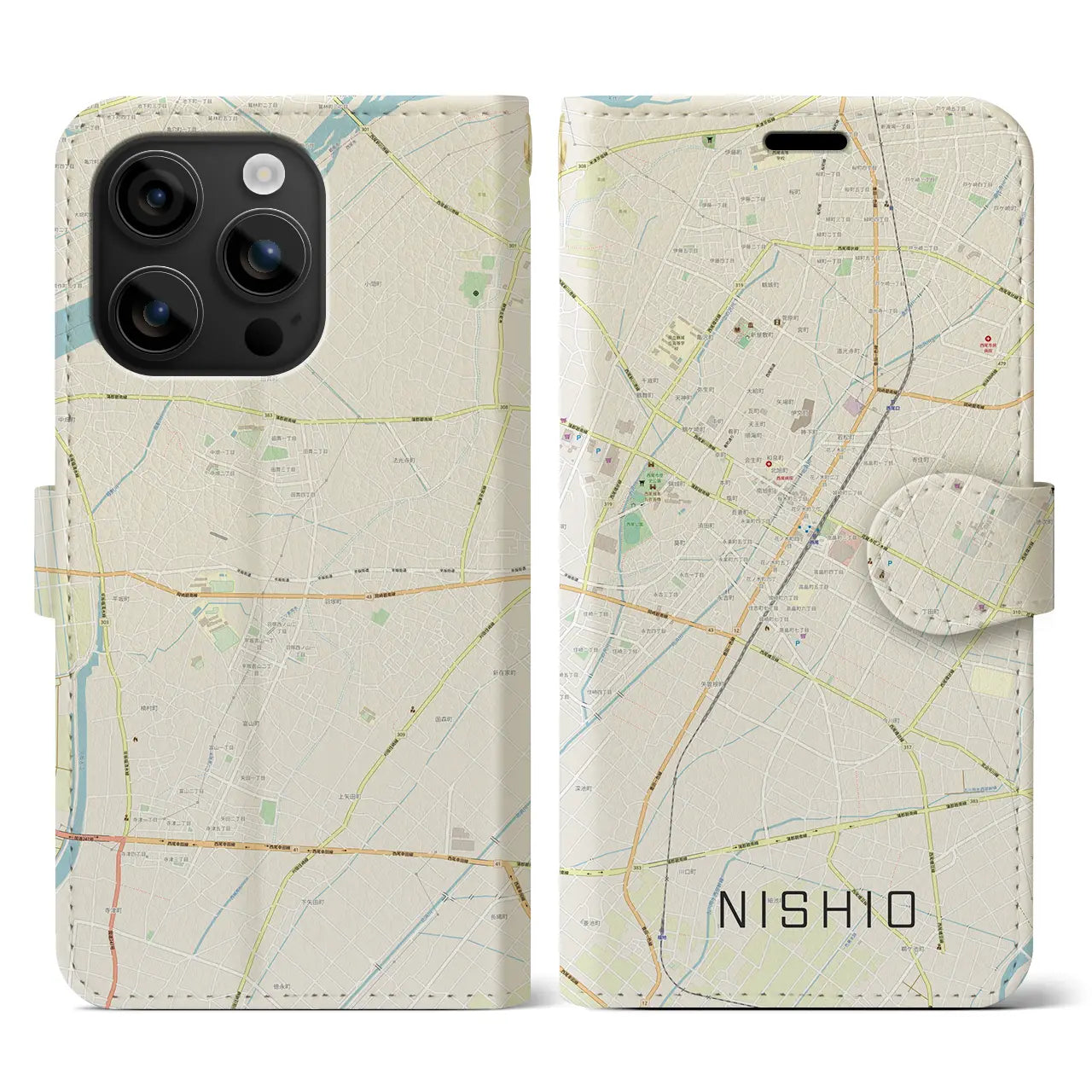 【西尾（愛知県）】地図柄iPhoneケース（手帳タイプ）ナチュラル・iPhone 16 用