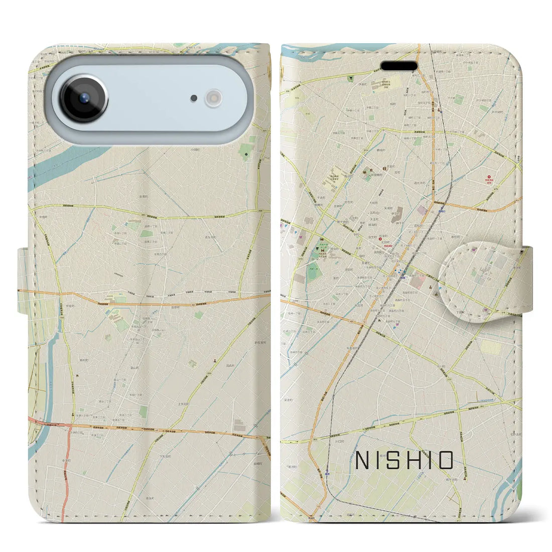 【西尾（愛知県）】地図柄iPhoneケース（手帳タイプ）ナチュラル・iPhone 17 Pro Max 用