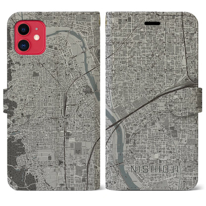 【西大路（京都府）】地図柄iPhoneケース（手帳タイプ）モノトーン・iPhone 11 用