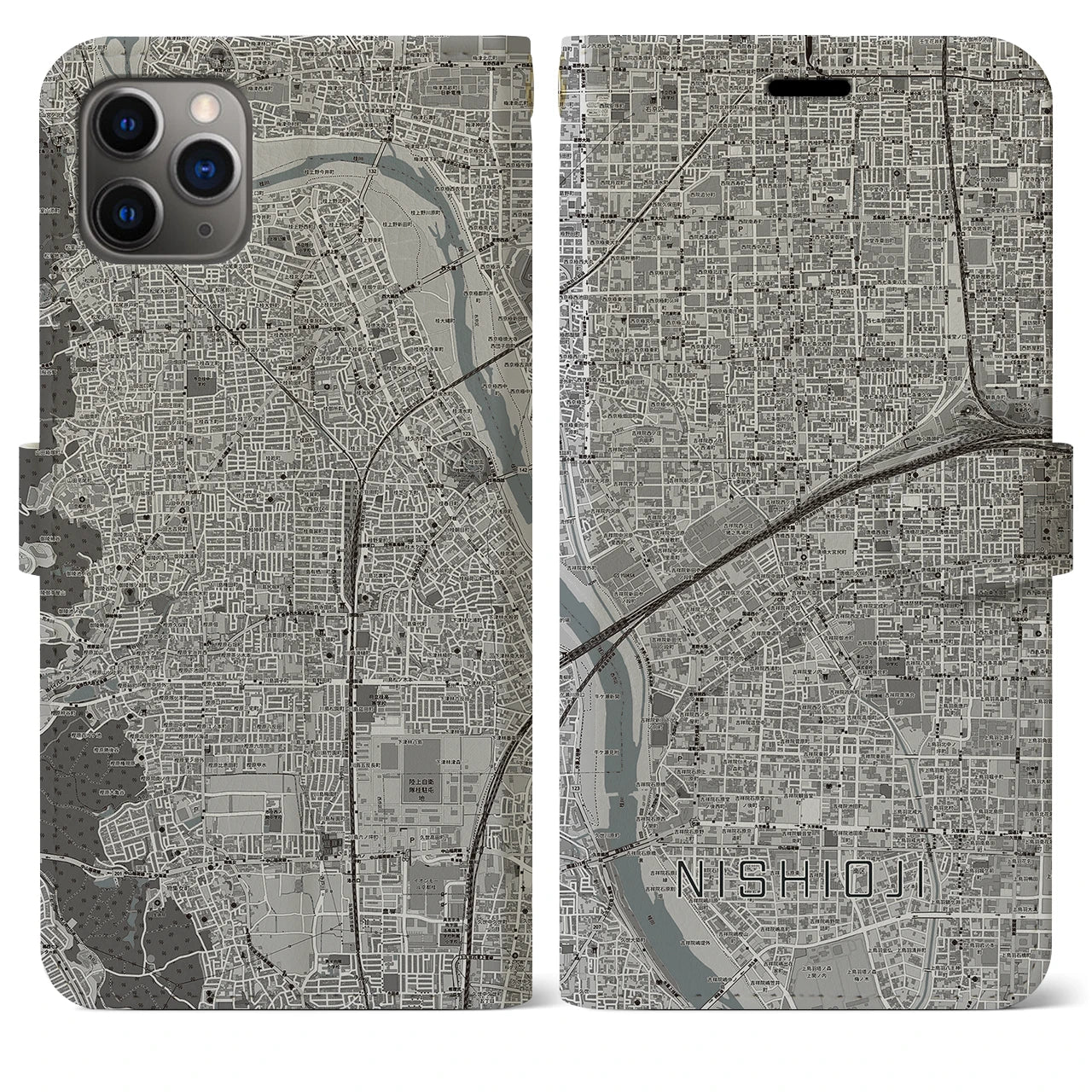 【西大路】地図柄iPhoneケース（手帳両面タイプ・モノトーン）iPhone 11 Pro Max 用