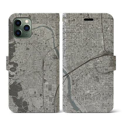 【西大路（京都府）】地図柄iPhoneケース（手帳タイプ）モノトーン・iPhone 11 Pro 用
