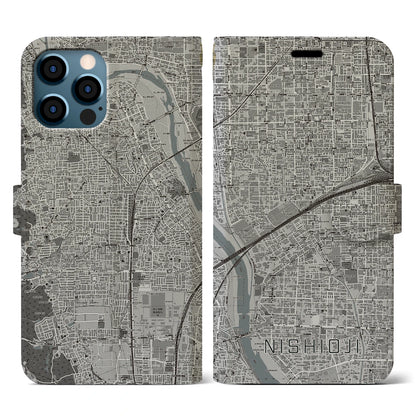 【西大路（京都府）】地図柄iPhoneケース（手帳タイプ）モノトーン・iPhone 12 / 12 Pro 用