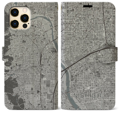 【西大路（京都府）】地図柄iPhoneケース（手帳タイプ）モノトーン・iPhone 12 Pro Max 用