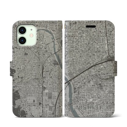 【西大路（京都府）】地図柄iPhoneケース（手帳タイプ）モノトーン・iPhone 12 mini 用