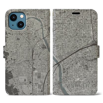 【西大路（京都府）】地図柄iPhoneケース（手帳タイプ）モノトーン・iPhone 13 用