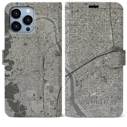 【西大路（京都府）】地図柄iPhoneケース（手帳タイプ）モノトーン・iPhone 13 Pro Max 用