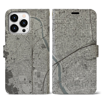 【西大路（京都府）】地図柄iPhoneケース（手帳タイプ）モノトーン・iPhone 13 Pro 用