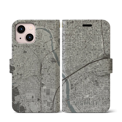 【西大路（京都府）】地図柄iPhoneケース（手帳タイプ）モノトーン・iPhone 13 mini 用