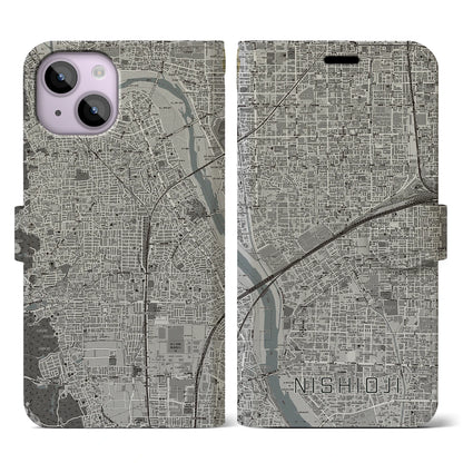 【西大路（京都府）】地図柄iPhoneケース（手帳タイプ）モノトーン・iPhone 14 用