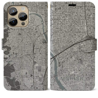 【西大路（京都府）】地図柄iPhoneケース（手帳タイプ）モノトーン・iPhone 14 Pro Max 用