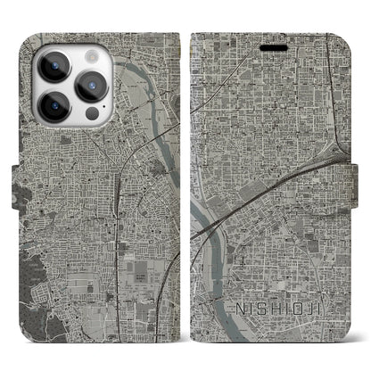 【西大路（京都府）】地図柄iPhoneケース（手帳タイプ）モノトーン・iPhone 14 Pro 用