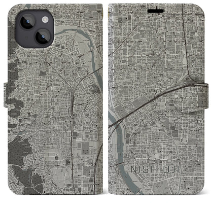 【西大路（京都府）】地図柄iPhoneケース（手帳タイプ）モノトーン・iPhone 14 Plus 用