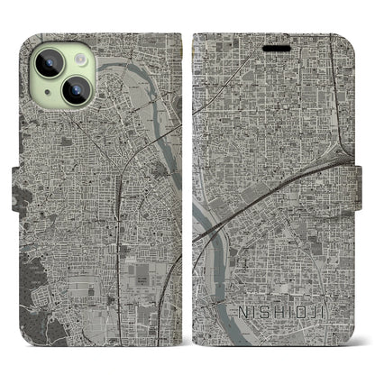 【西大路（京都府）】地図柄iPhoneケース（手帳タイプ）モノトーン・iPhone 15 用